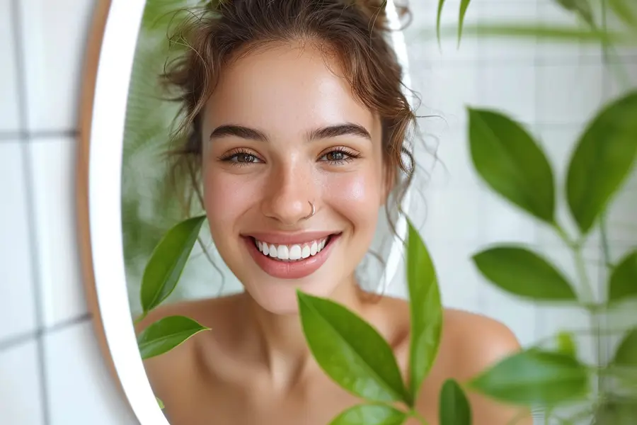 Brosse à dents souple et sourire naturel devant un miroir
