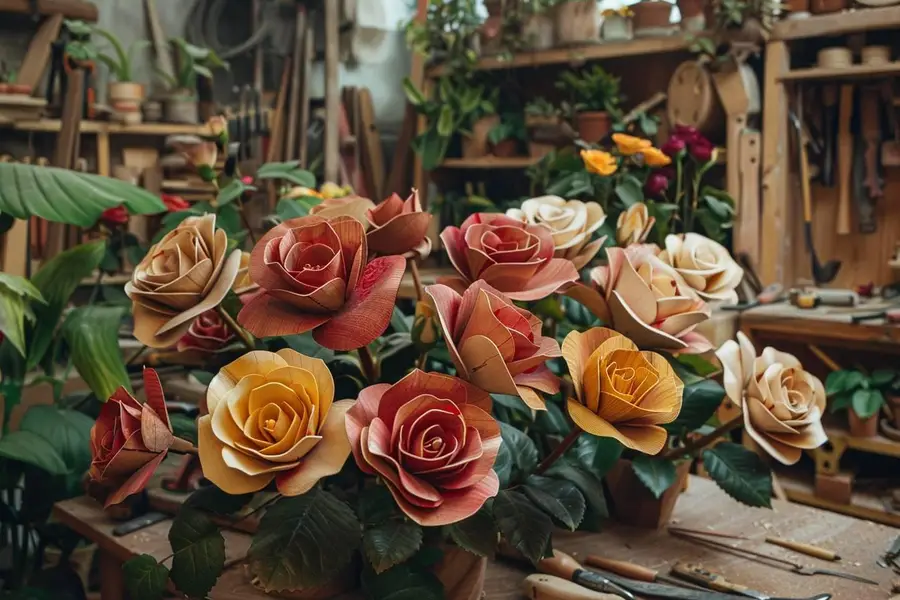 Bouquet de roses en bois naturelles dans un vase en céramique