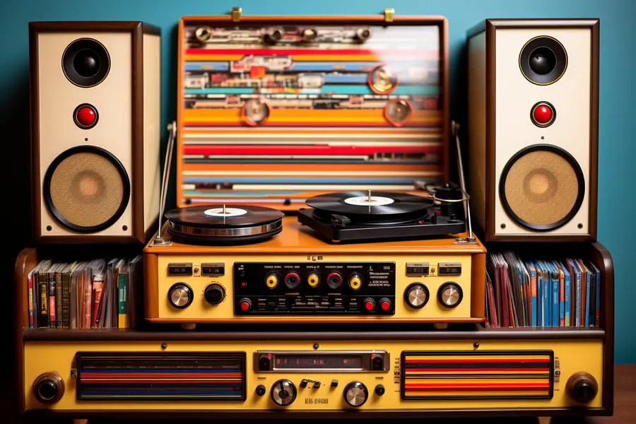 Smartphone diffusant une radio pop-rock près d’une enceinte de salon