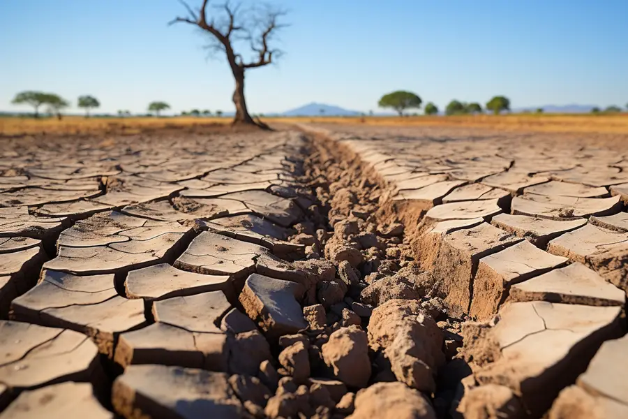 Sol craquelé au premier plan et relief montagneux sous ciel sec