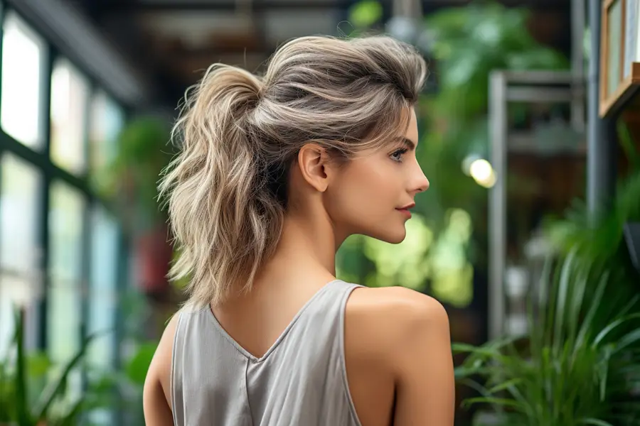 Femme aux cheveux mi-longs souples coiffés avec raie latérale