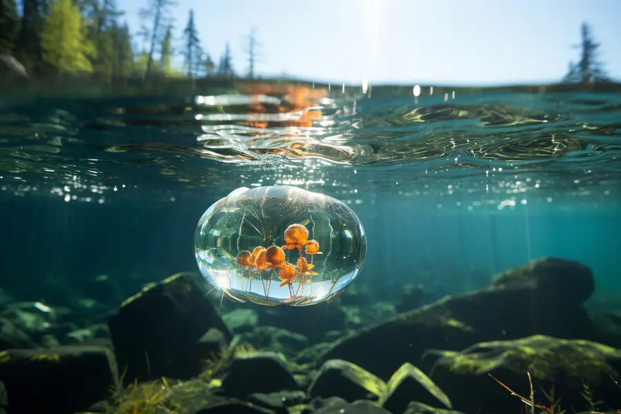 Photographe équipé sous l’eau dans un lac français clair
