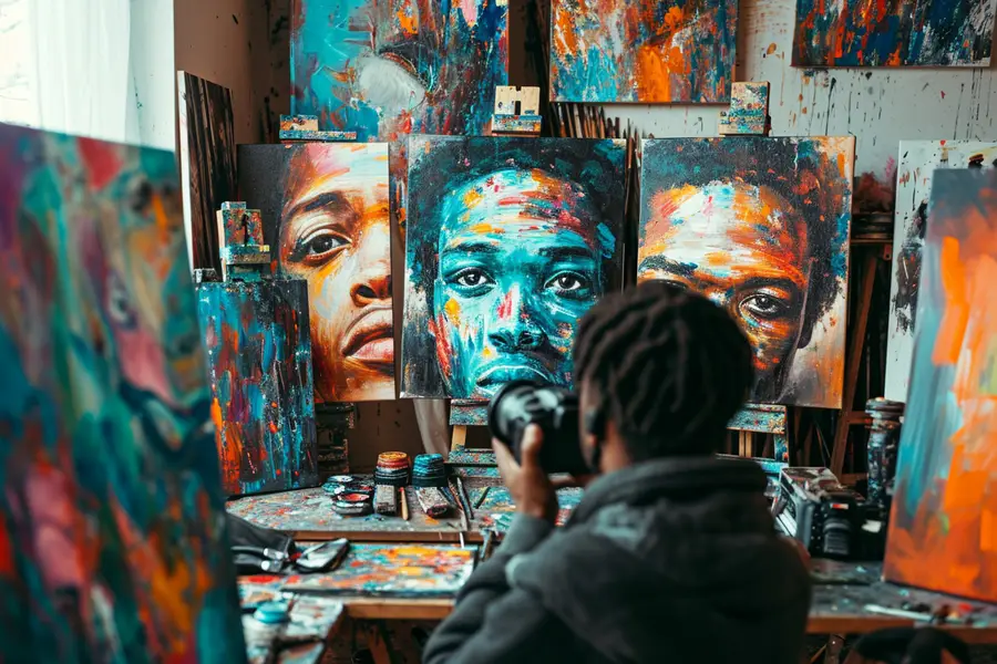 Photographe cadrant un portrait créatif près d’une fenêtre voilée