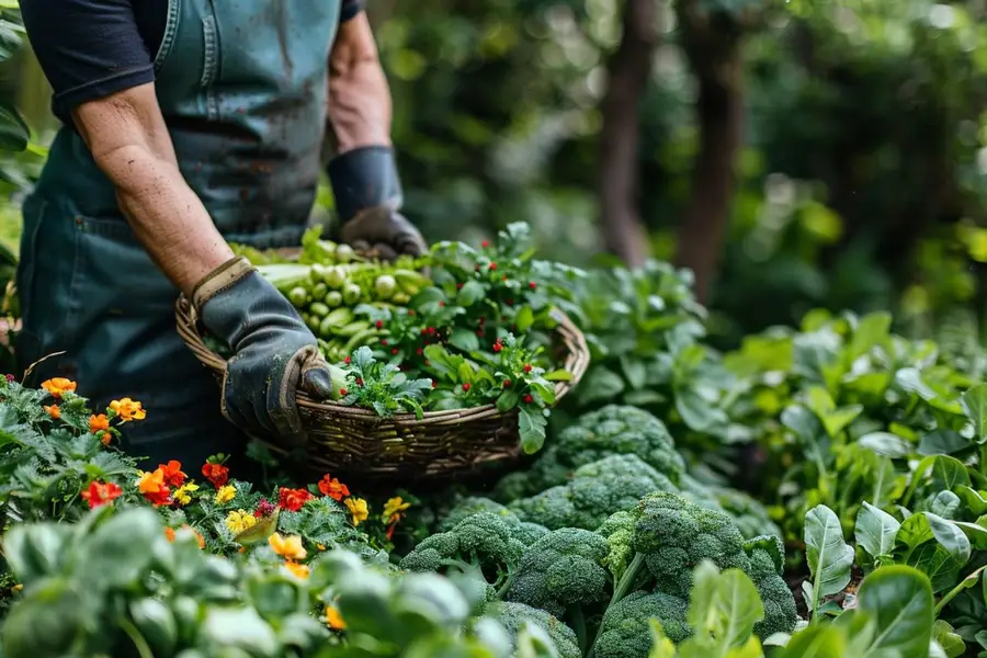 Potager français paillé avec légumes, compost et arrosage goutte-à-goutte