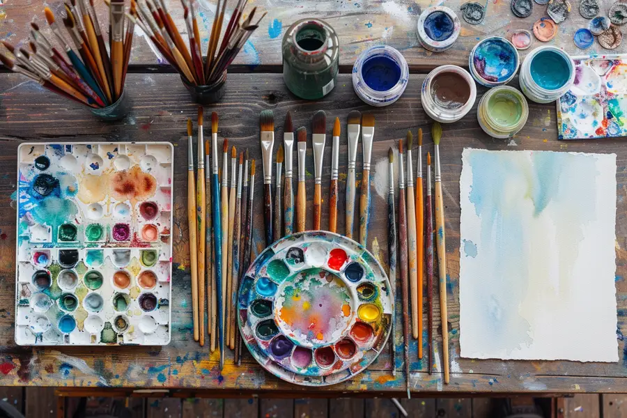 Palette d’aquarelle, pinceaux et feuilles texturées sur une table d’artiste