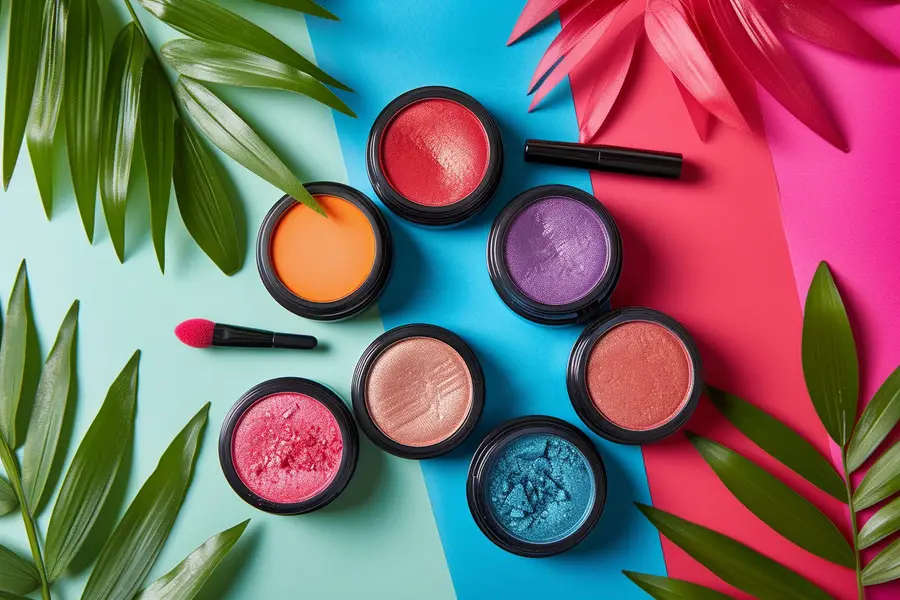 Femme appliquant un blush crème devant un miroir en lumière estivale