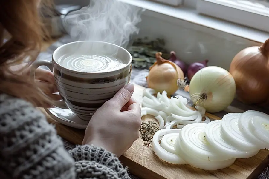 Tasse de tisane d’oignon tiède avec oignon frais émincé