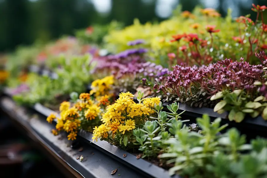 Toiture terrasse végétalisée avec sedums et évacuations d’eau visibles