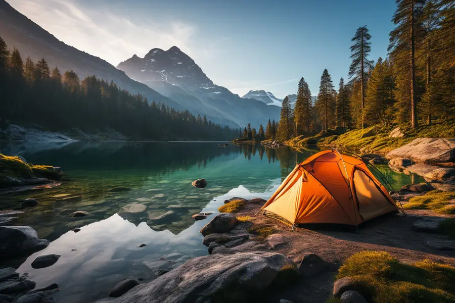Tente de camping face aux montagnes et à un lac alpin européen