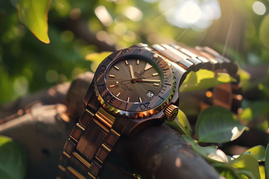 Bracelet de montre à maillons de bois posé près d’un mètre