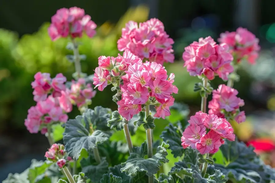 Lavatère rose en fleurs dans un jardin français ensoleillé