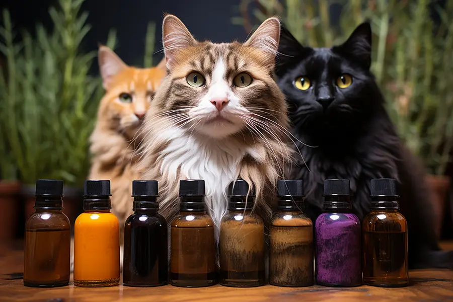 Vétérinaire examinant un chat près d’huiles essentielles rangées