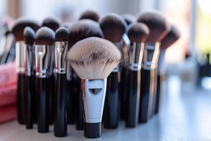 Pinceaux de maquillage propres disposés avec poudres et fond de teint