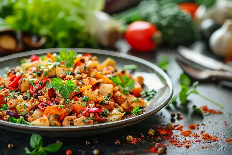 Trois plats keto épicés colorés servis sur une table de cuisine
