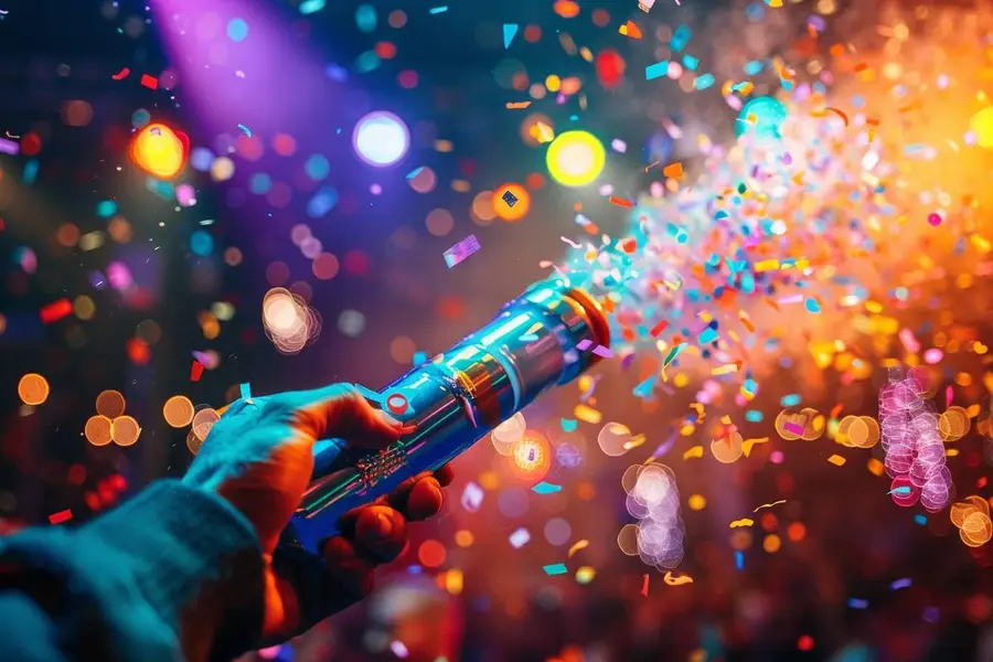 Invités agitant des rubans colorés devant une salle de fête